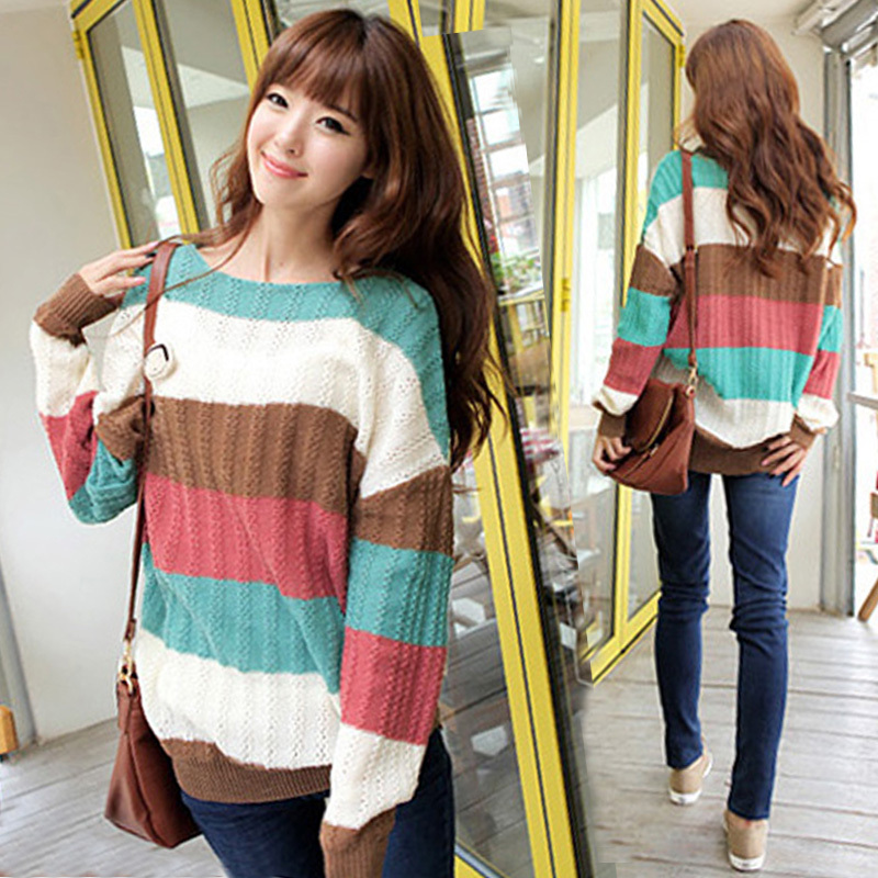 1051 2012 new arrival multi-colored sweet stripe batwing sleeve loose plus size sweater female
