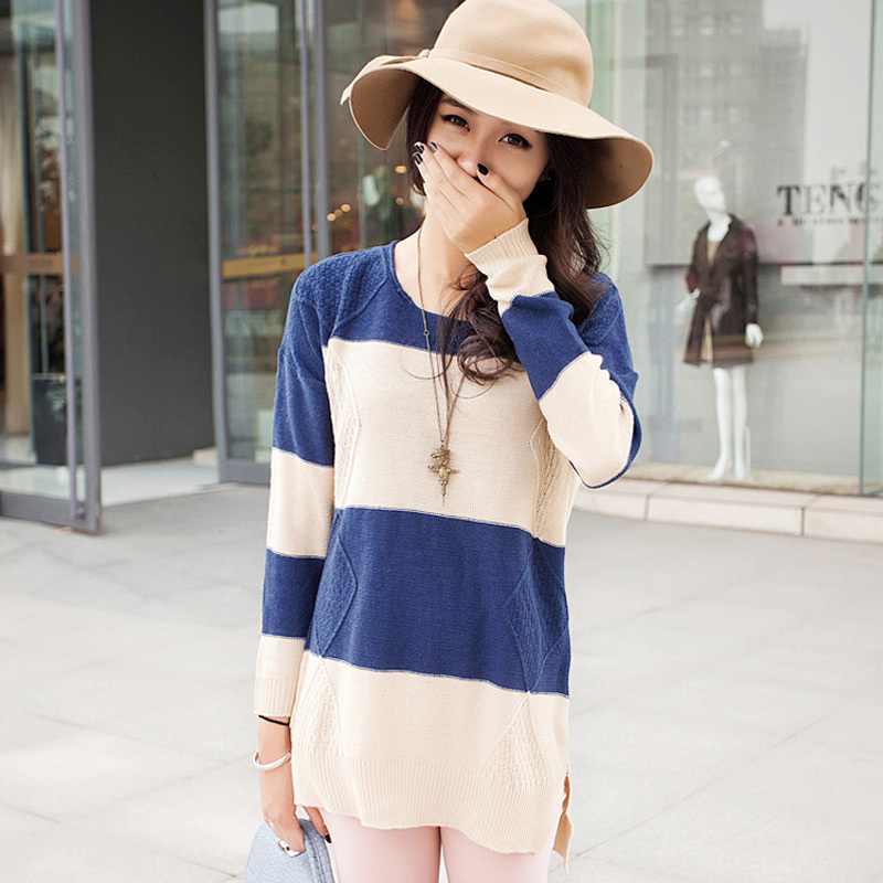 1053 real pictures with model 2012 autumn and winter large stripe o-neck loose batwing sleeve plus size sweater