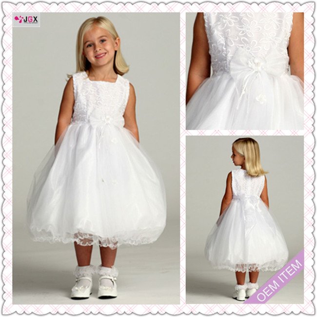 1055-1hs Embroidered White satin Ankle-Length Cap-sleeve Strapless A-Line flower girls dresses 2012