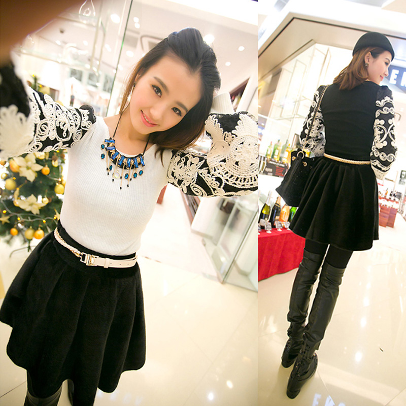 1061 wholesale  2013 new  arrive  spring disk flowers lantern sleeve o-neck long-sleeve lace patchwork knitted fashion