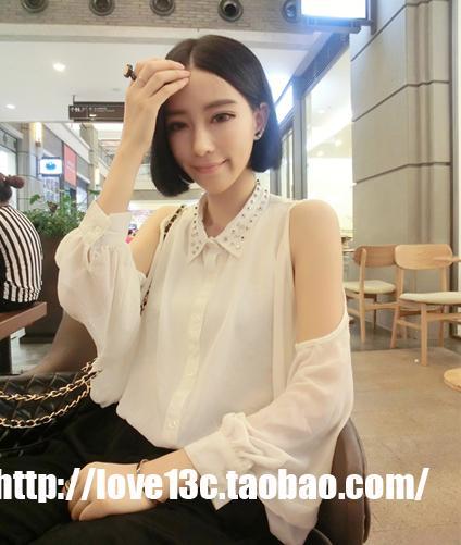 1087 super rivet holes on shoulder long sleeve loose blouse - shirts054