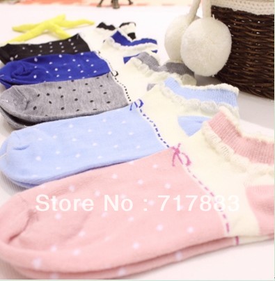 10pairs/lot WHOLESALE FREE SHIPPING lace decoration vintage bow dot sock Cotton women's sock slippers A072,2013 hot sale