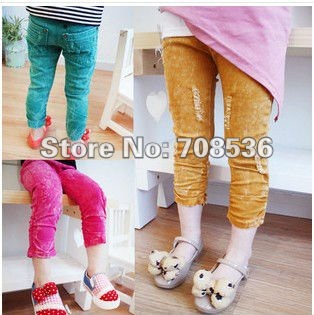 10pc/lot  2013 fashion girls pencil pants girls distrressed  jeans girls jeans with holes children  cropped jeans green,pink