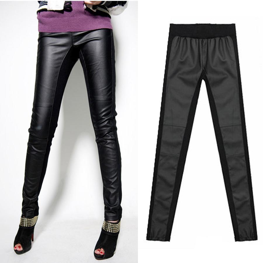 10pcs Fashion women's thickening double faced personalized patchwork ankle length trousers patchwork leather pants legging