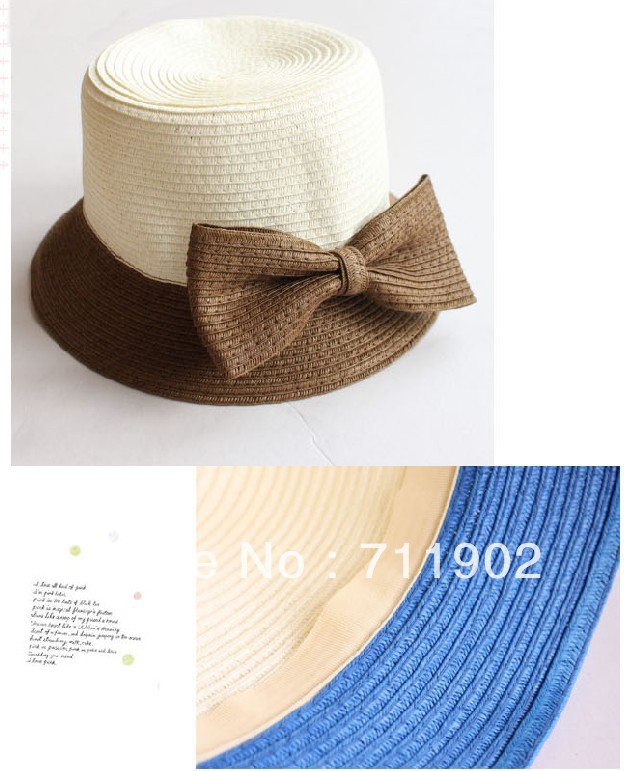 10pcs free shipping/lady's summer Spell color Big Bow Hat / woven straw hat