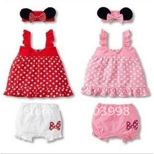 10pcs/lot baby girl Lovely headband+lovly skirt+pants red and pink minny Baby dress