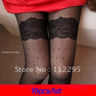 10pcs/lot(balck/white)Sexy Womens Sheer Lace Top Thigh High Stockings lace Sexy conjoined twin socks Free shipping