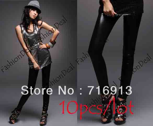 10pcs/lot Fashion Black Faux leather leggings Ladies' Leggings Shiny Pants Tights Pants free shipping 1967