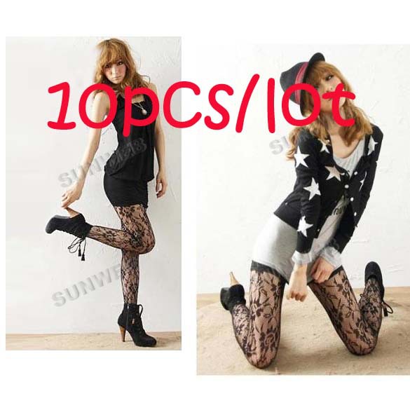 10pcs/lot free shipping Black Fishnet Sexy Fashion Slimming Solid Hosiery Rose Lace Pantyhose Tights Women's Lady's Socks 6133