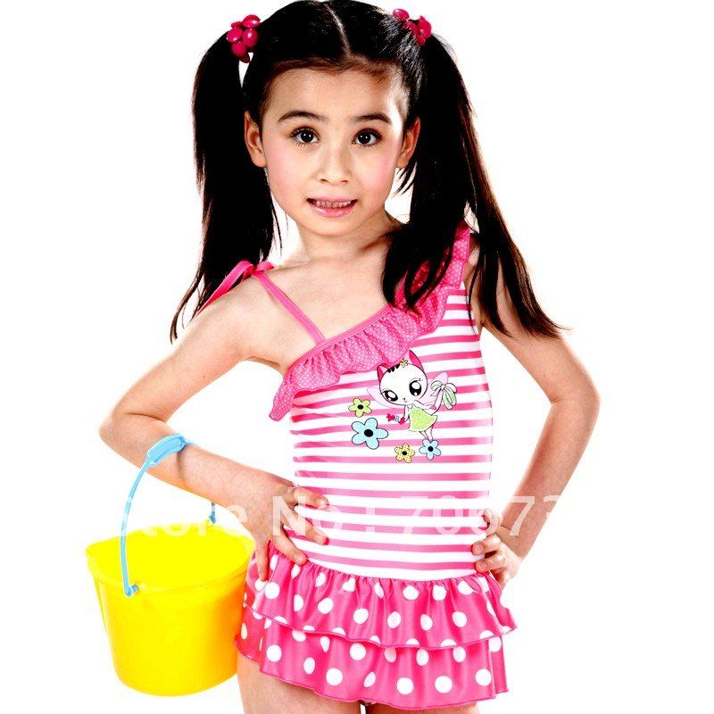 (10Pcs/Lot)Free Shipping Wholesale 2012 New High Quality Children's/Kids Swimsuit,Cute Girl Pink One-Piece Swimwear 5-11year