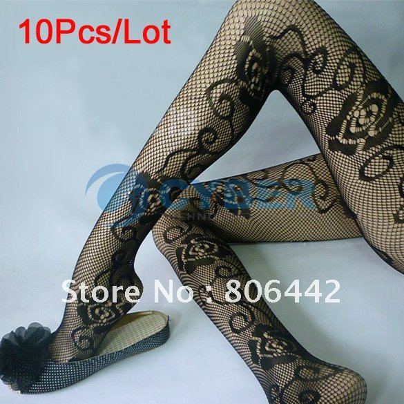 10Pcs/Lot Hot Sexy Stockings Women's Rose Side Fishnet Net Pattern Jacquard Pantyhose Tights Stockings Leggings Free shipping
