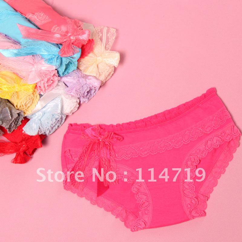 10pcs/lot wholesale women's 100% cotton low-waist panties princess lace decoration with bow briefs/pants underwear 11 color