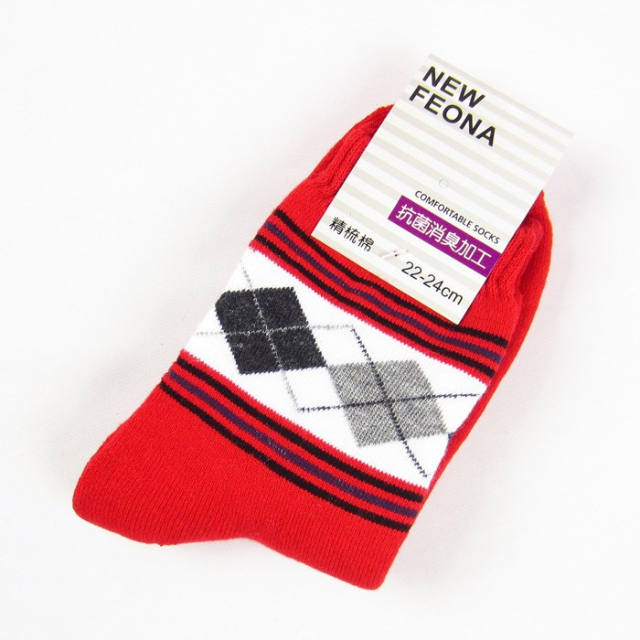 10x  New Feona autumn and winter fashion dimond plaid women's towel socks loop pile thickening thermal  red (B209)