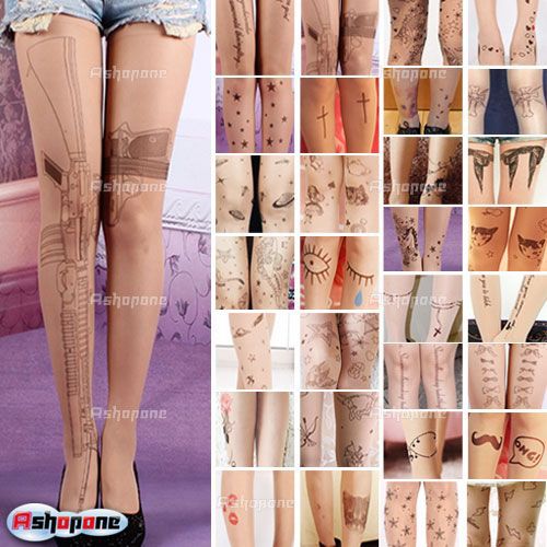 10xFashion Sexy Women Tattoo Pattern Transparent Socks Tights Pantyhose Stockings Free Shipping