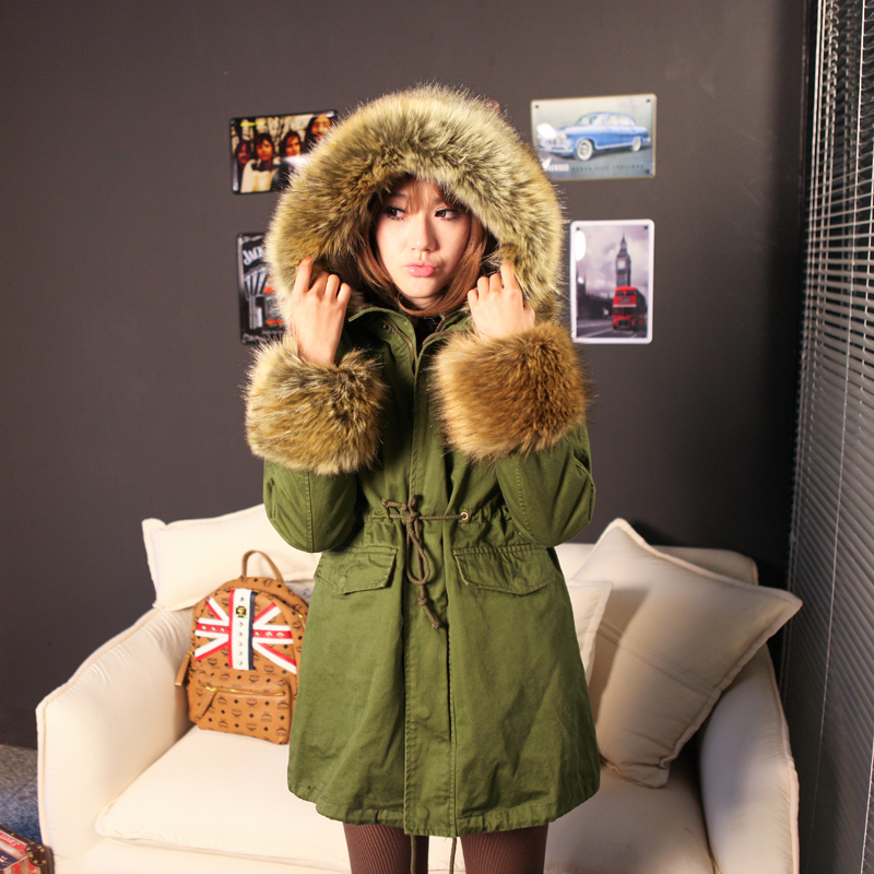 11.27 autumn and winter overcoat thickening raccoon fur wadded jacket denim overalls cotton-padded jacket long outerwear female
