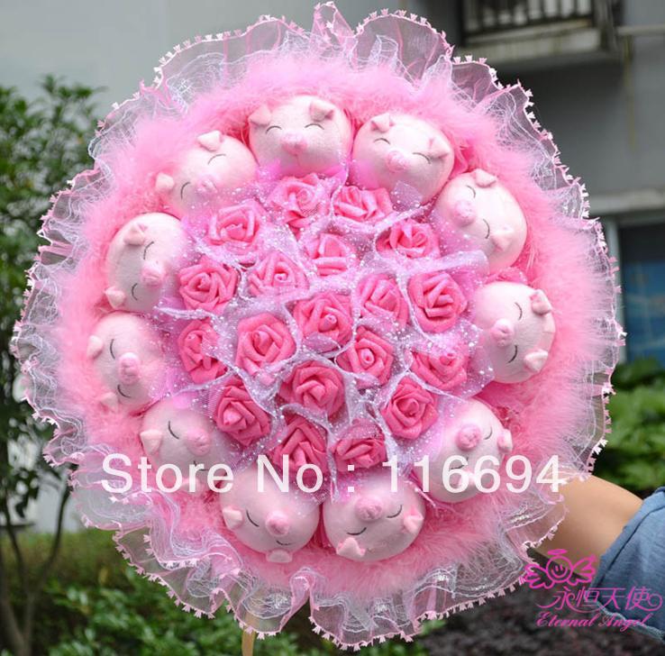 11 cute Mimi pig doll bouquet holding flowers wedding bouquet Christmas gifts free shipping ZA419