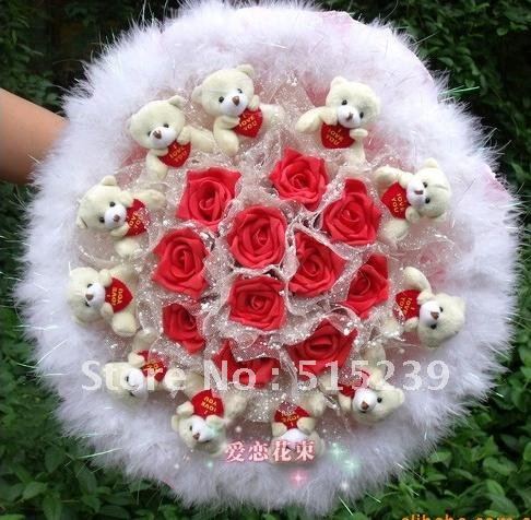 11 packet heart bear plush toys cartoon simulation bouquet new strange gift/Wedding Bouquet/party gift+free shipping  D925