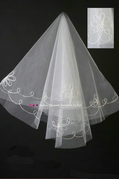1103-1hs Elegant Flower Ribbon Edge White One Layer Tulle Made Bridal Wedding Accessories Veils Short Style