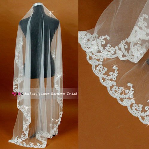 1149-1hs simple Lace edge one-layer long white tulle wedding veil embroidery beaded