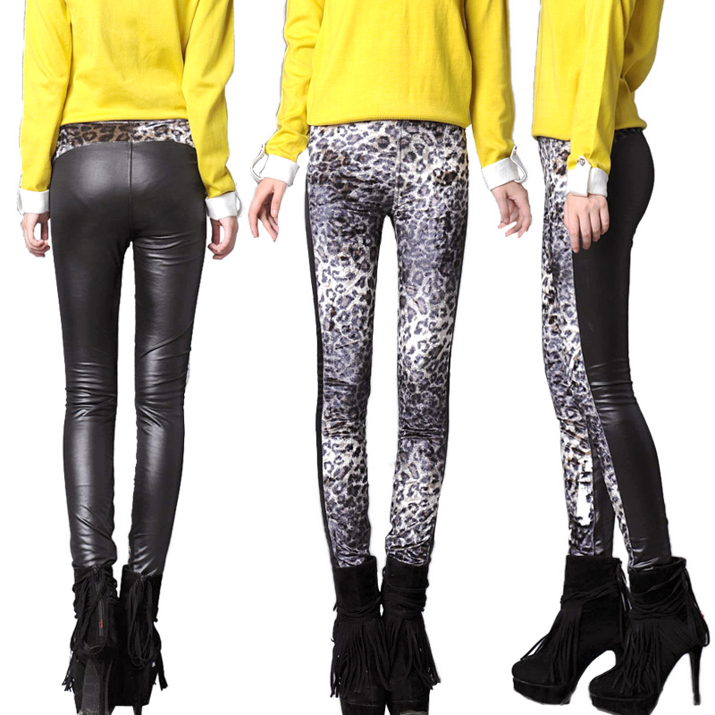 12.12 women's add velvet legging elastic fleece shiny leather leopard print leather pants legging