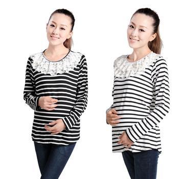 12 all-match cotton maternity clothing autumn top long-sleeve T-shirt basic shirt o-neck pullover stripe lace