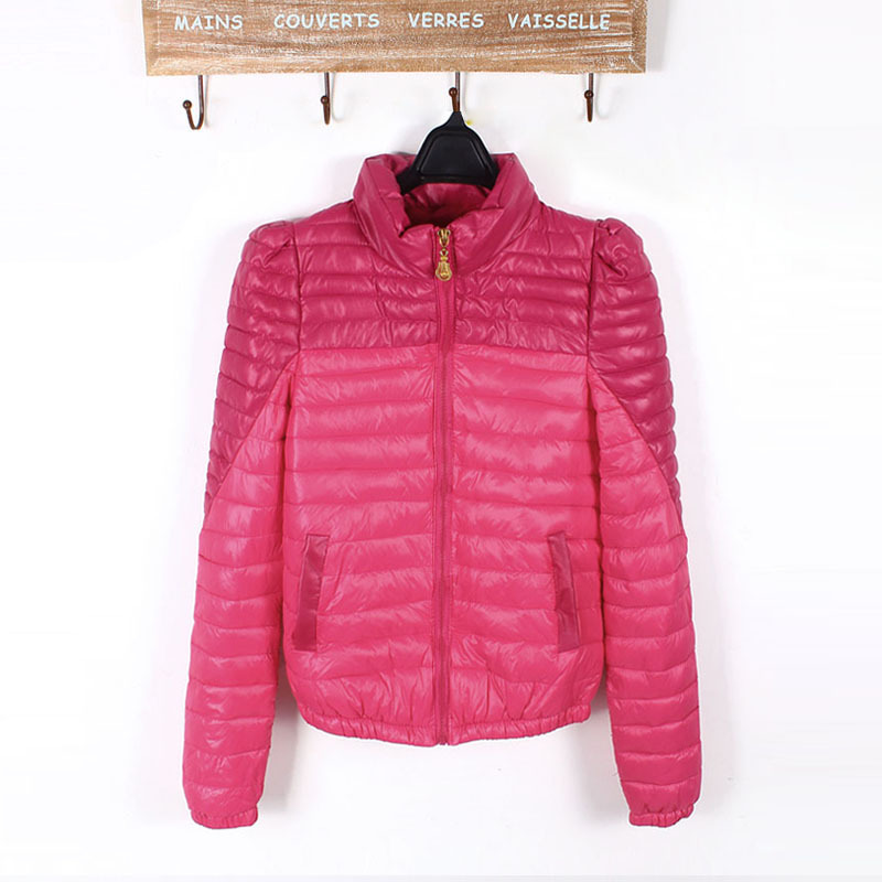 12 autumn and winter PU patchwork wadded jacket female thin puff sleeve stand collar small cotton-padded jacket cotton-padded