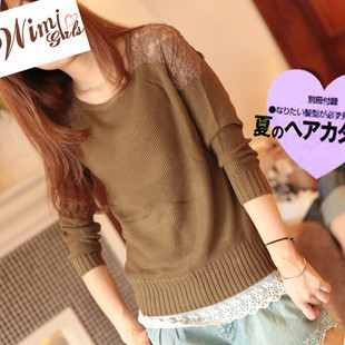 12 autumn and winter sexy thickening women's lace cutout basic sweater o-neck sweater outerwear