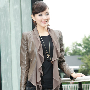 12 autumn female elegant chiffon edge gentlewomen slim long-sleeve short design leather clothing