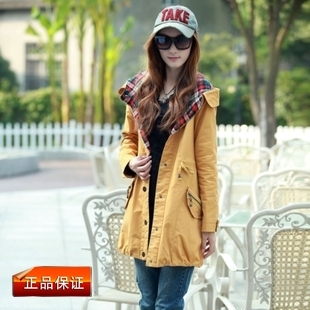 12 autumn sweet plaid with a hood plus size preppy style fashion top trench outerwear women's