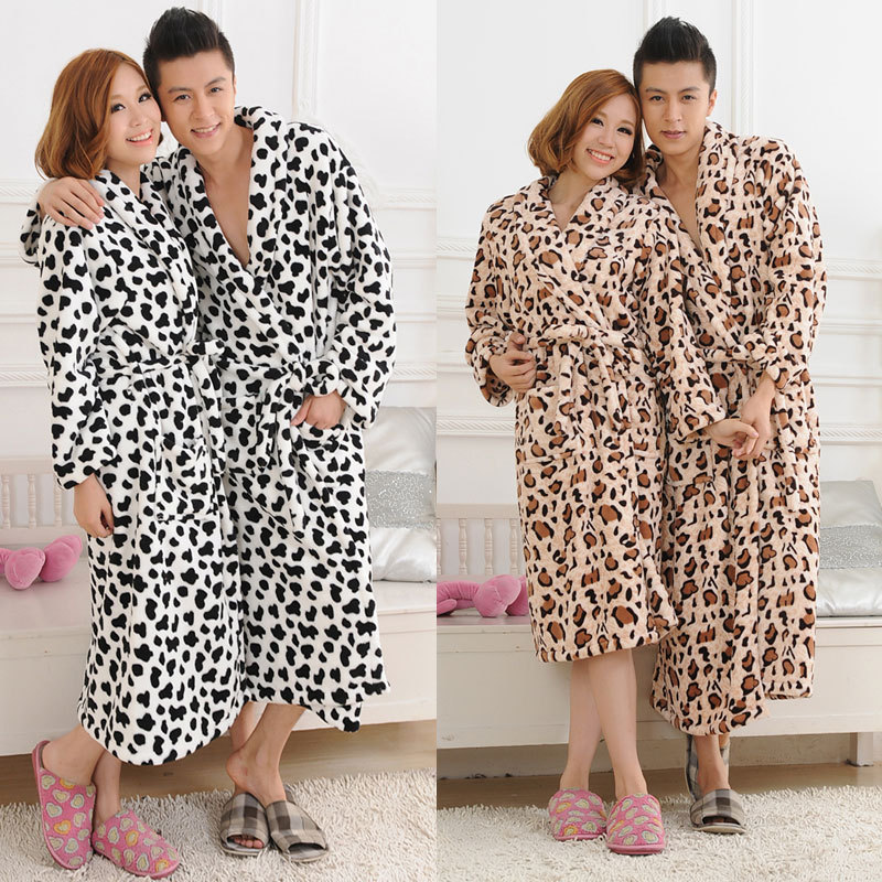 12 cow leopard print lovers thickening coral fleece robe bathrobes men and women sleepwear parent-child lounge