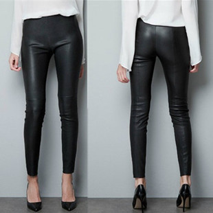 12 fashion women's autumn zar fleece thickening slim PU high waist slim leather pants legging female