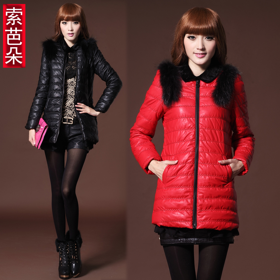 12 large winter women's fashion cotton leather clothing thick outerwear double-shoulder wool medium-long PU wadded jacket 913