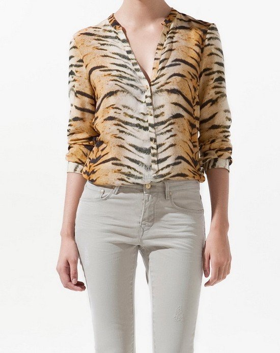 12 Newest women fashion wild tiger print shirts deep V-neck long sleeve golden buttons blouses free shipping 619