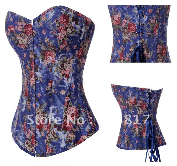 12% OFF Sexy floral corset  denim party costume New fantasy burlesque bustier Women lift up shaper black blue Free ship QM5804