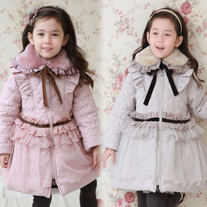 12 winter children's clothing lace fur collar medium-long female child trench outerwear overcoat baby wadded jacket