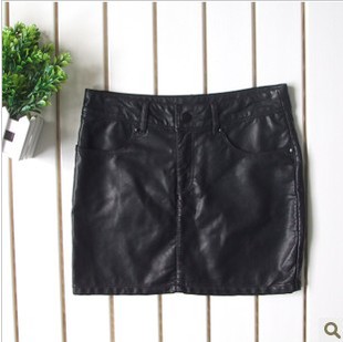 12 women's black slim hip skirt Women water washed leather skirt miniskirt bust skirt