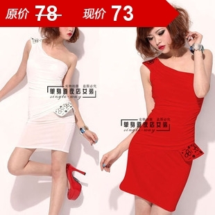 12053 - new arrival sexy strapless leather rivets oblique decoration skintight one-piece dress