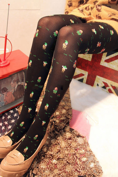 120D Santa Claus Christmas Print Holiday Black Spandex Tattoo Tights Pantyhose FREE SHIPPING