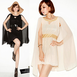 123811 autumn leather mosaic high waist cloak elegant chiffon cape style one-piece dress