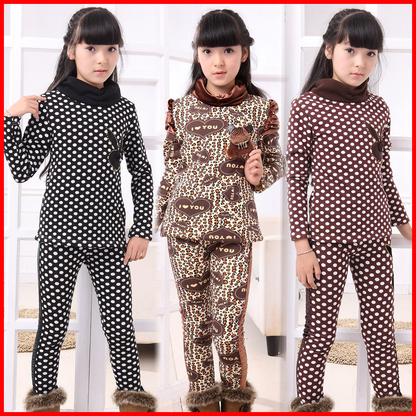 13 12 girls clothing autumn and winter 2012 female child thermal underwear set plus velvet thickening big ploughboys women's