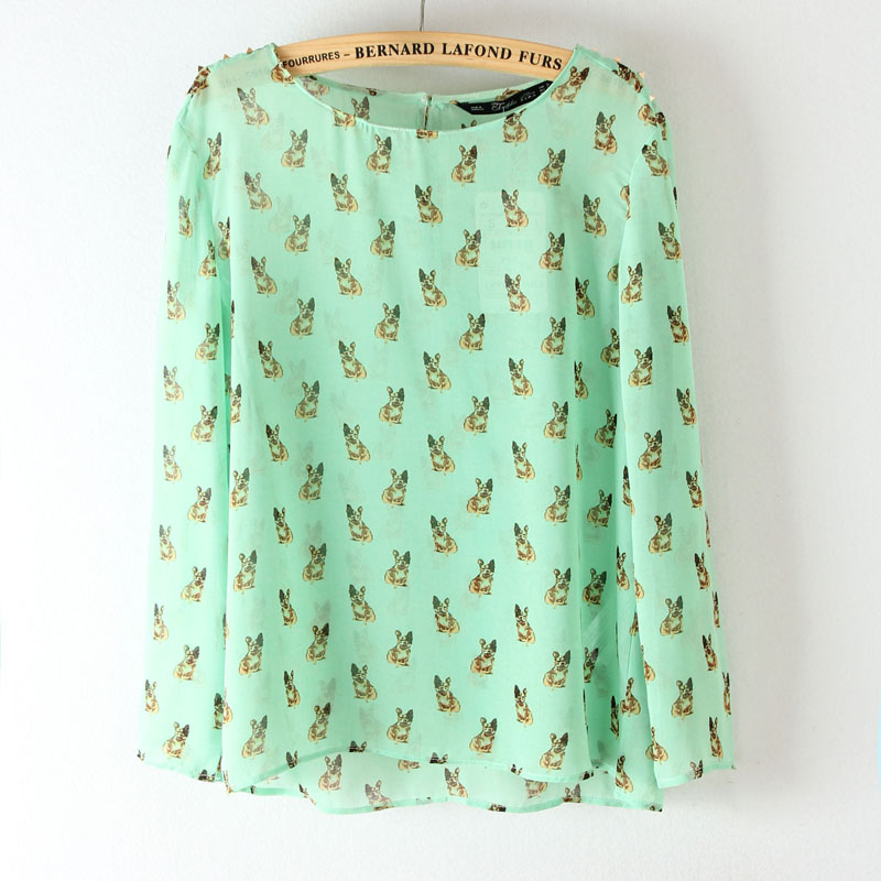 13 spring and summer fashion print rivet o-neck pullover thin chiffon shirt