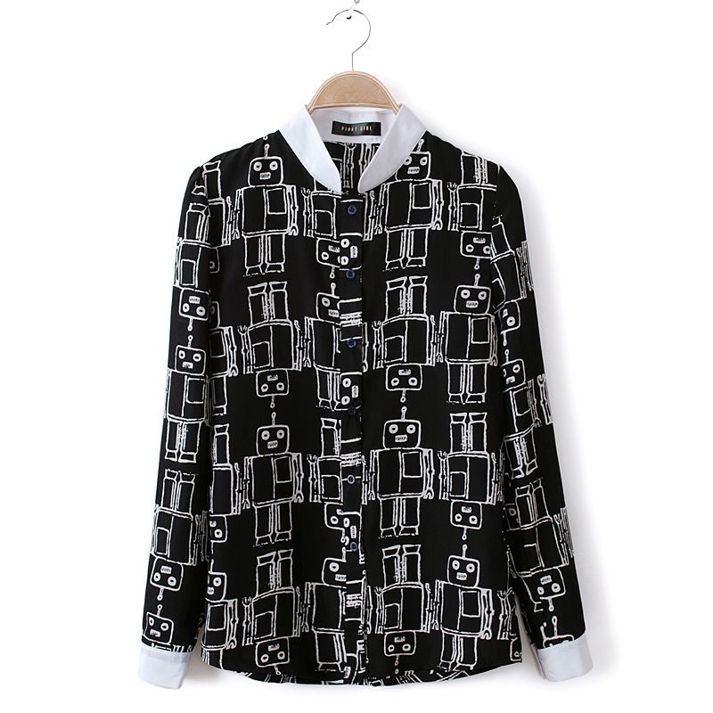 13 spring and summer fashion robot style print stand collar cardigan women's chiffon shirt