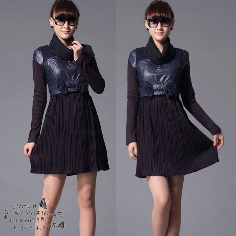 13 spring and summer one-piece dress bow pleated skirt medium-long leather skirt full dress denim jumpsuit women