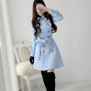 13 spring blue ruffle military slim long overcoat woolen outerwear