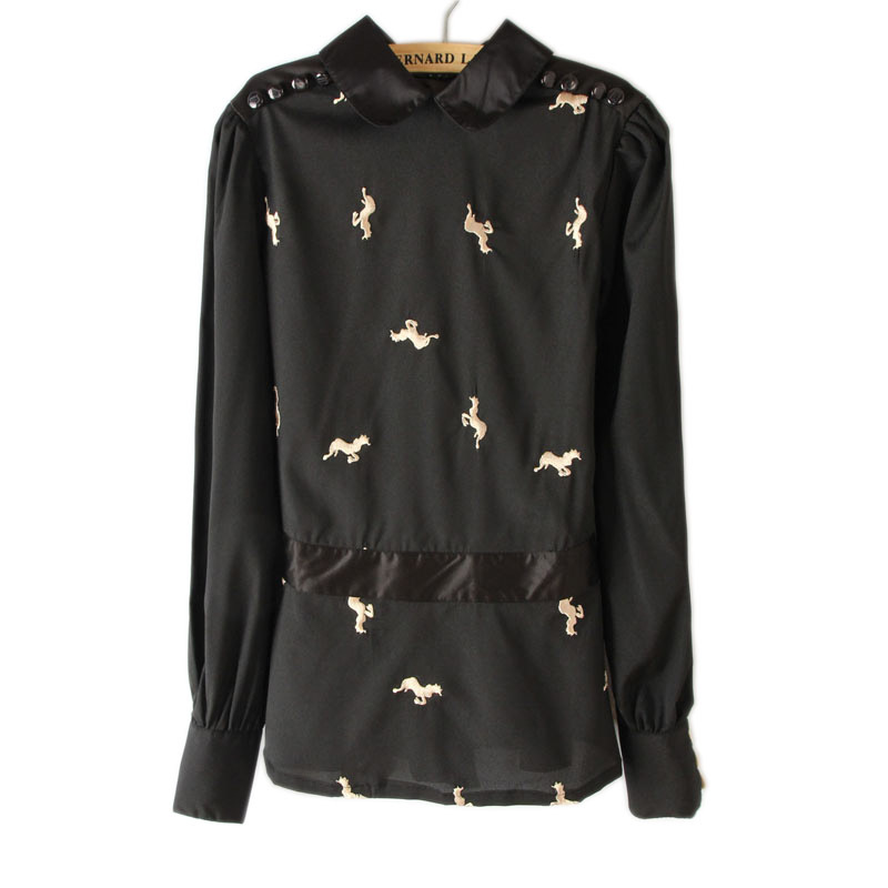 13 spring fashion embroidery horse peter pan collar long-sleeve chiffon chemise shirt