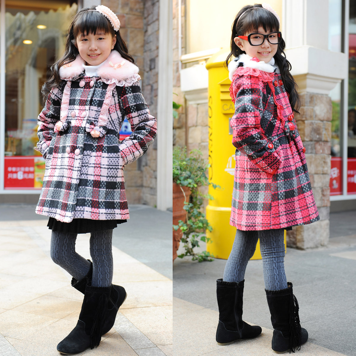 13 spring girls clothing 2013 child woolen overcoat child women's plaid cloth trench outerwear