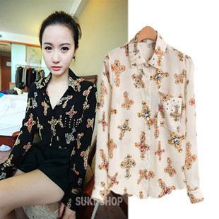 13 spring women's shirt rivet vintage cross print chiffon shirt top female 1010