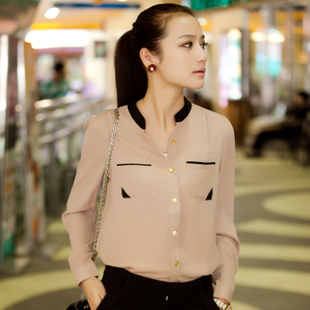 1310 color block gold buckle small stand collar shirt chiffon shirt female long-sleeve shirt