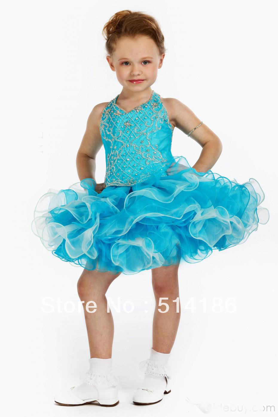 1332912  Short/Mini Beaded turquoise little Girl Dress