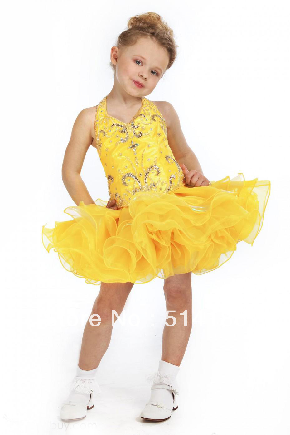 1332913  Short/Mini Beaded yellow  little Girl Dress